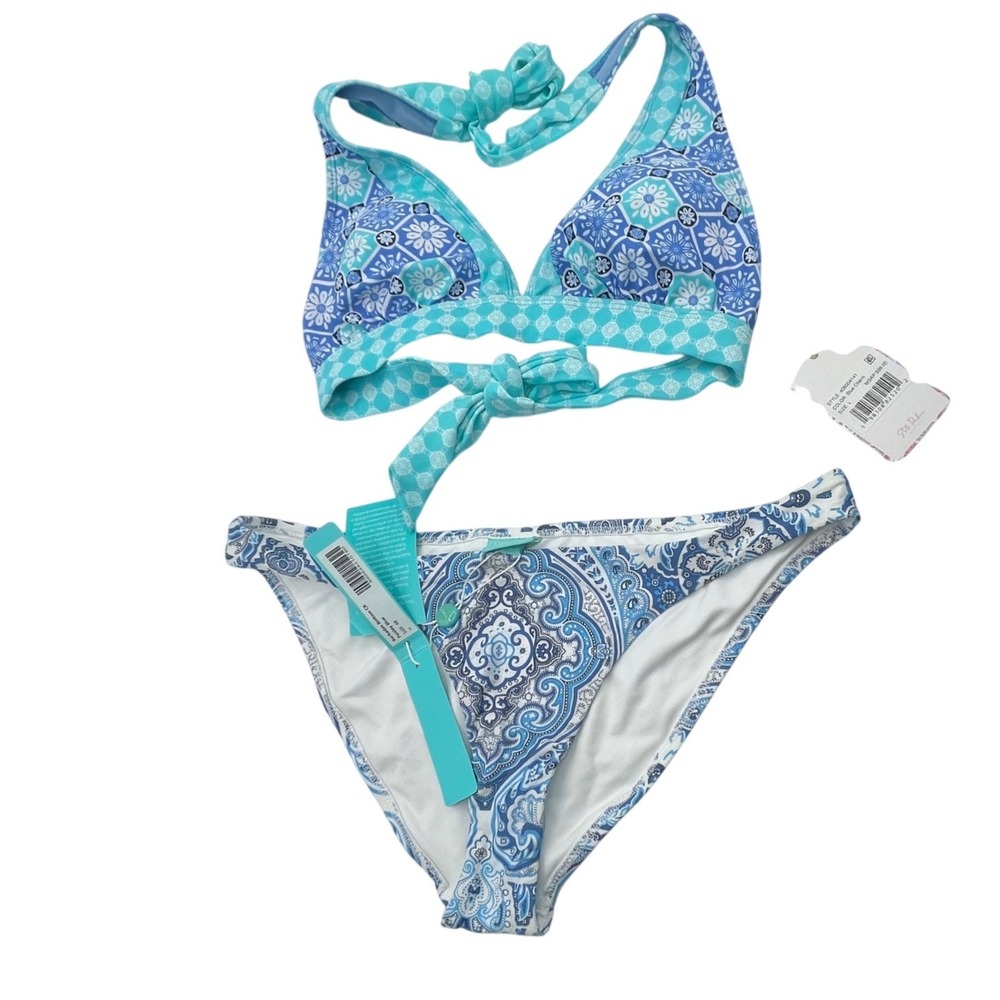 Melissa Odabash Stella Parker Bikini Set Blue Paisley Halter L 12 NEW